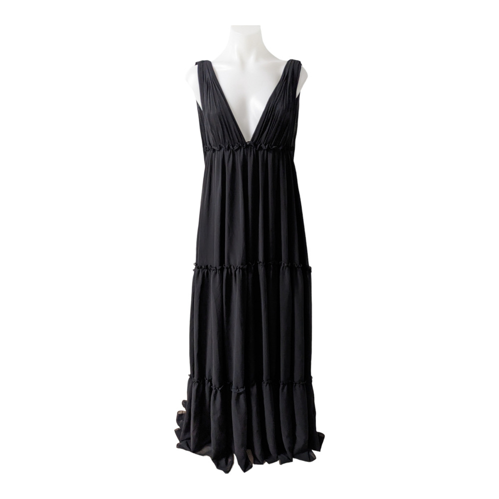 Leena for Mac Duggal Size 0 Ruffle Maxi Shift Tiered Dress Black V Neck Sheer